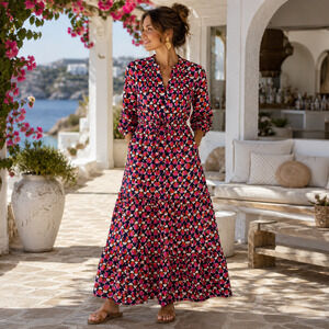 Banjanan Bazaar Maxi Dress Sz L Cotton Voile Block Print Tiered Boho Pockets NWT